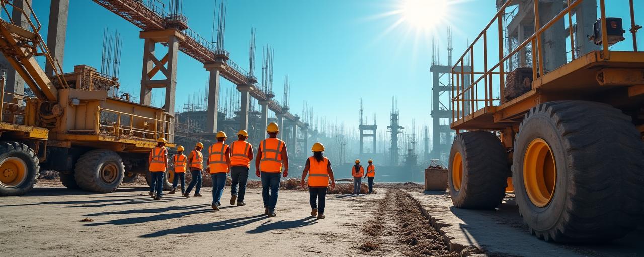 A major construction project with workers in safety gear.