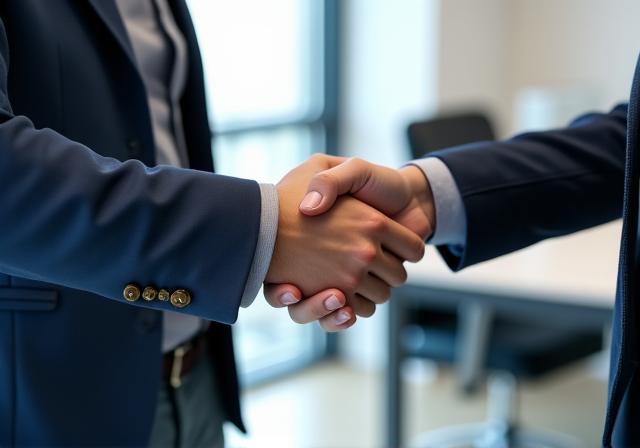 A hiring manager shaking hands with a new employee.